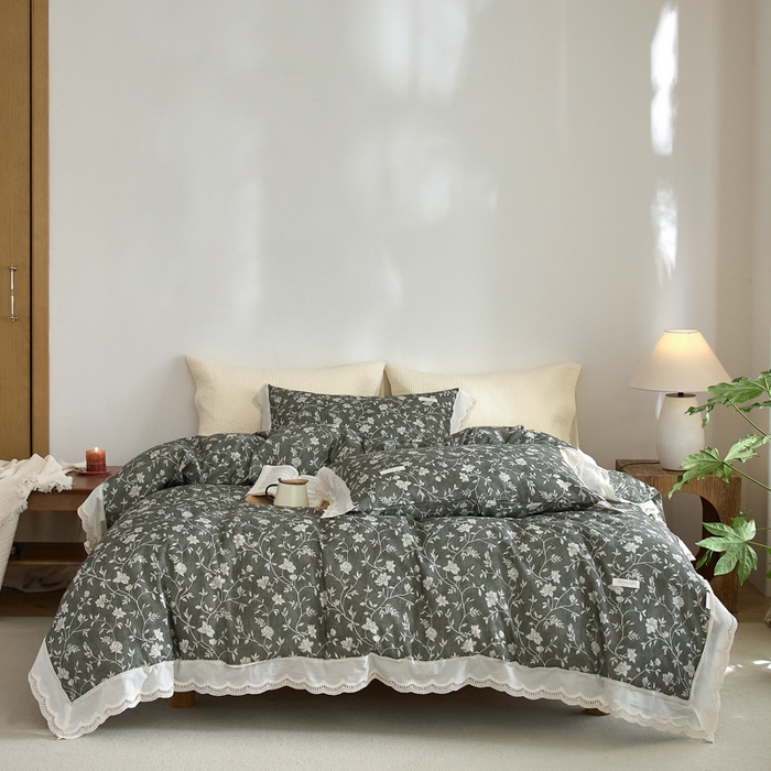 91家纺网 家纺一手货源 找家纺 大彩家居 2025新款全棉纯棉水洗磨毛四件套 灰蔓