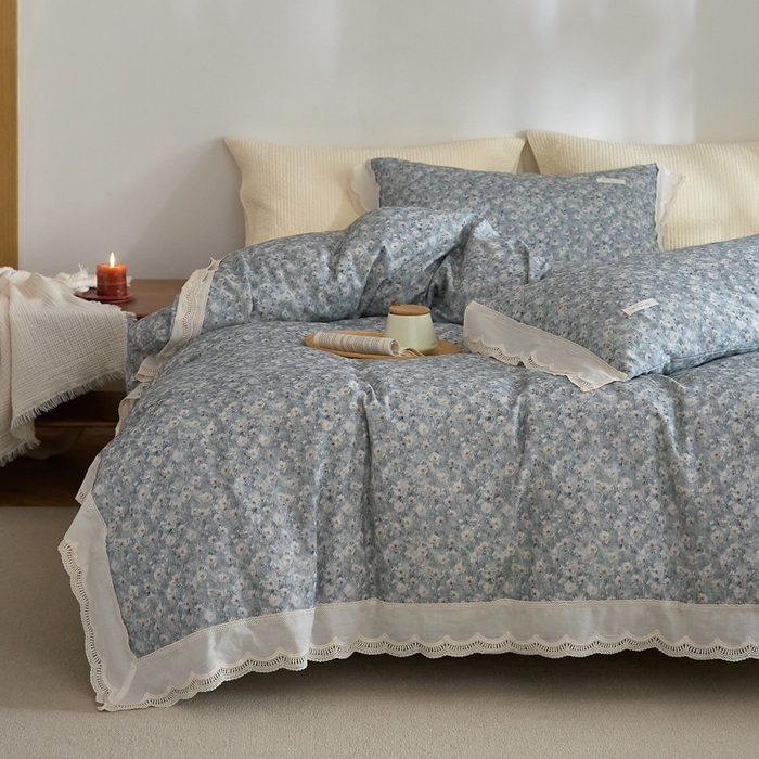 大彩家居 2025新款全棉纯棉水洗磨毛四件套 浅蓝繁花