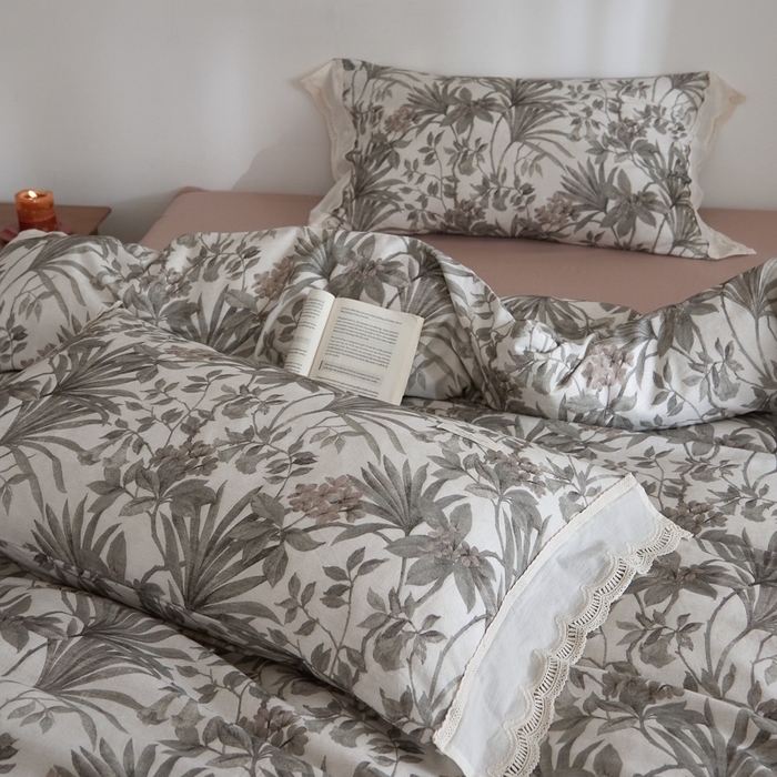 91家纺网 家纺一手货源 找家纺 大彩家居 2025新款全棉纯棉水洗磨毛四件套 棕榈繁影