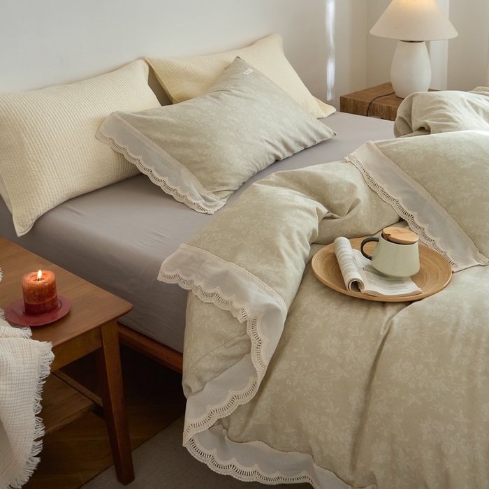 91家纺网 家纺一手货源 找家纺 大彩家居 2025新款全棉纯棉水洗磨毛四件套 米雾花影