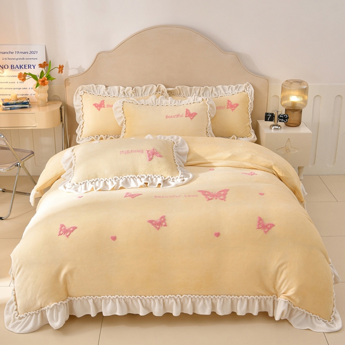 梦之星 2025新款9斤毛巾绣韩式花边牛奶绒四件套 蝴蝶-淡黄