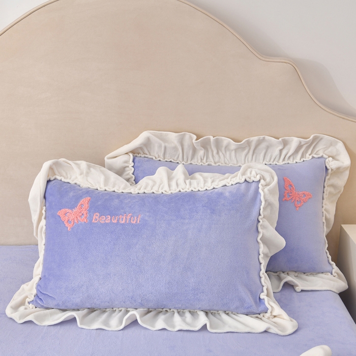 91家纺网 家纺一手货源 找家纺 梦之星 2025新款9斤毛巾绣韩式花边牛奶绒四件套 蝴蝶-淡蓝