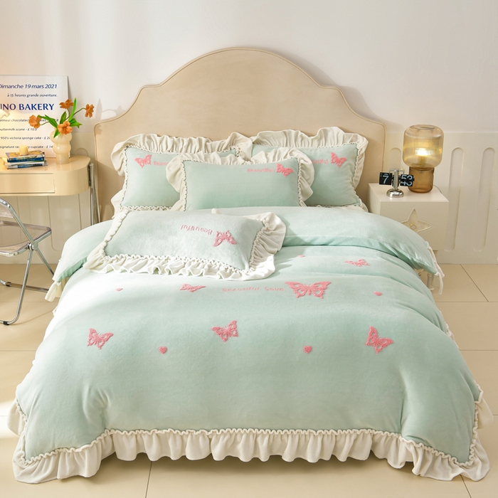 梦之星 2025新款9斤毛巾绣韩式花边牛奶绒四件套 蝴蝶-淡绿