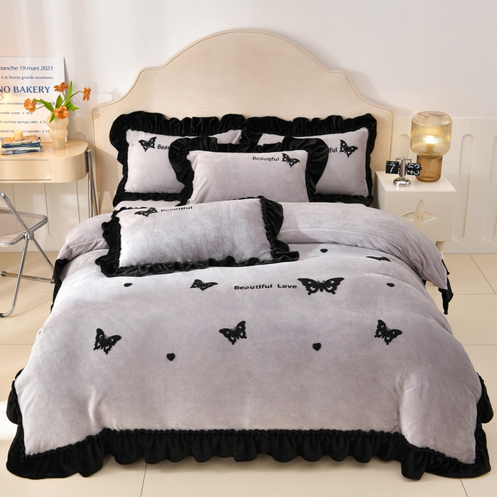 梦之星 2025新款9斤毛巾绣韩式花边牛奶绒四件套 蝴蝶-灰