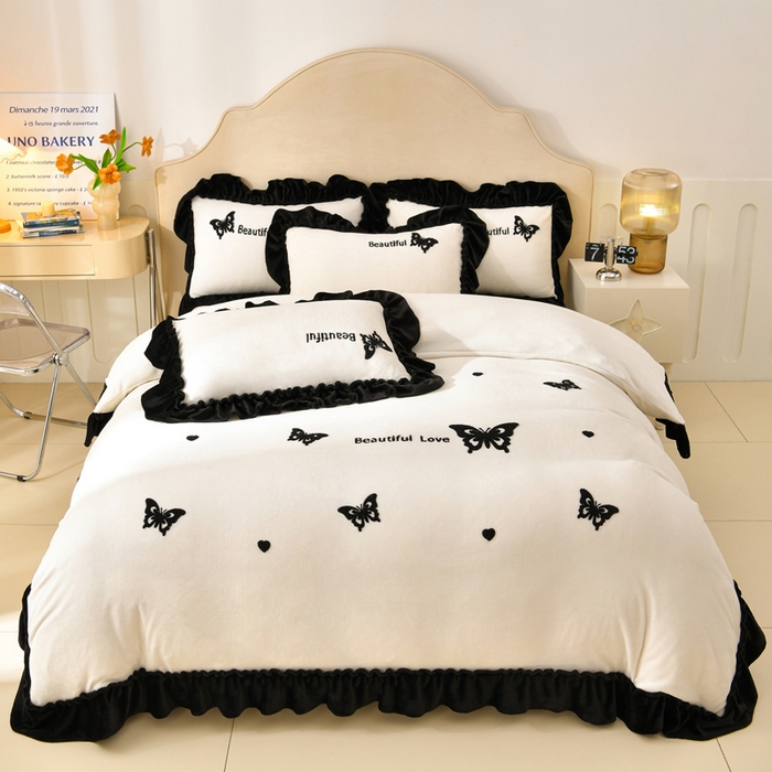 梦之星 2025新款9斤毛巾绣韩式花边牛奶绒四件套 蝴蝶-米白