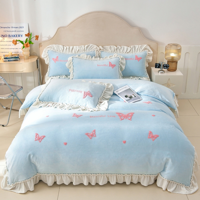 梦之星 2025新款9斤毛巾绣韩式花边牛奶绒四件套 蝴蝶-天空蓝