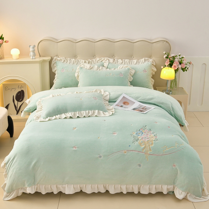 梦之星 2025新款毛刺韩式花边牛奶绒四件套 花束-淡绿