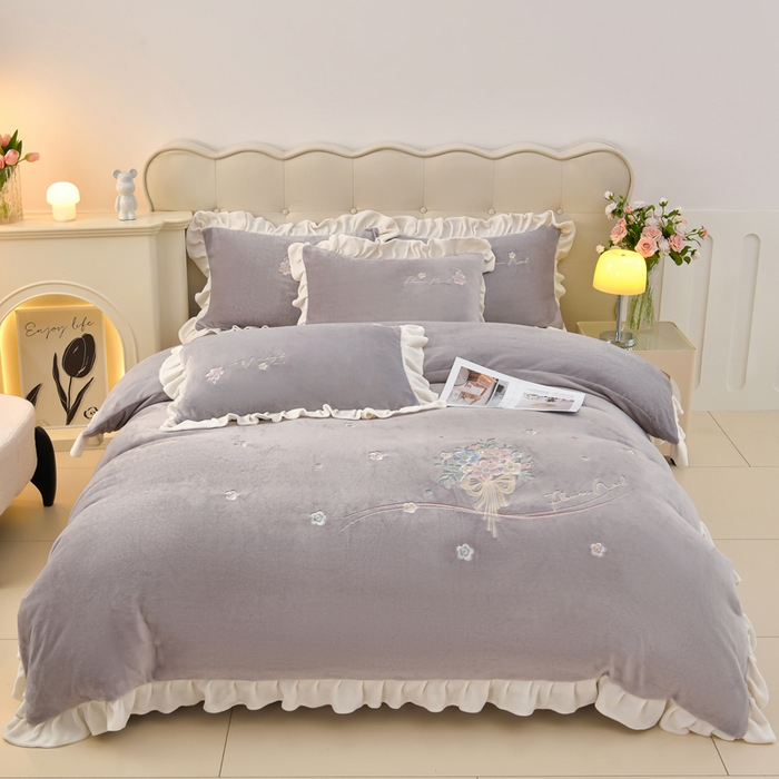 梦之星 2025新款刺绣韩式花边牛奶绒四件套 花束-灰