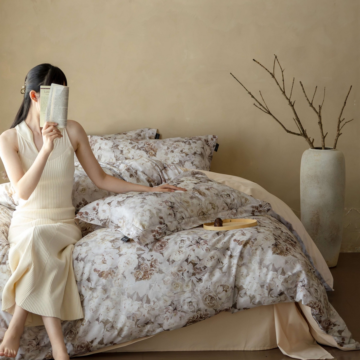 三味舒屋 2025新款50s全棉纯棉磨毛印花四件套-秋日绮梦 塞纳花影浅金