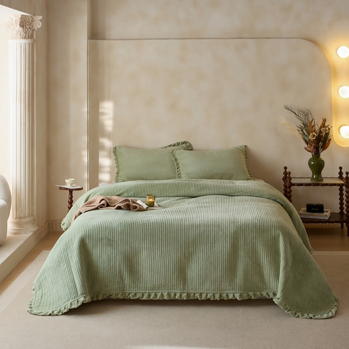 91家纺网 家纺一手货源 找家纺 安莱生活 2025年秋冬新品200克牛奶绒花边床盖单品床盖床盖单件 豆绿