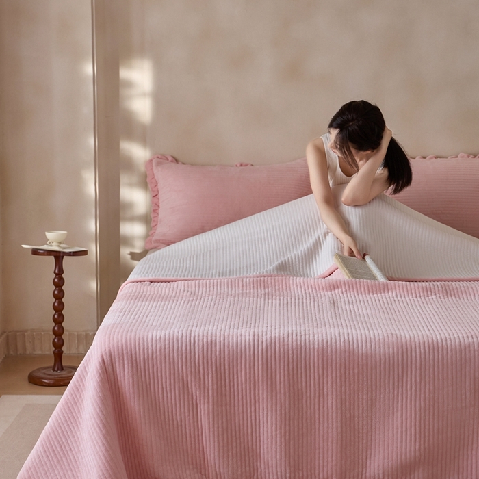 91家纺网 家纺一手货源 找家纺 安莱生活 2025年秋冬新品200克牛奶绒花边床盖单品床盖床盖单件 桃粉