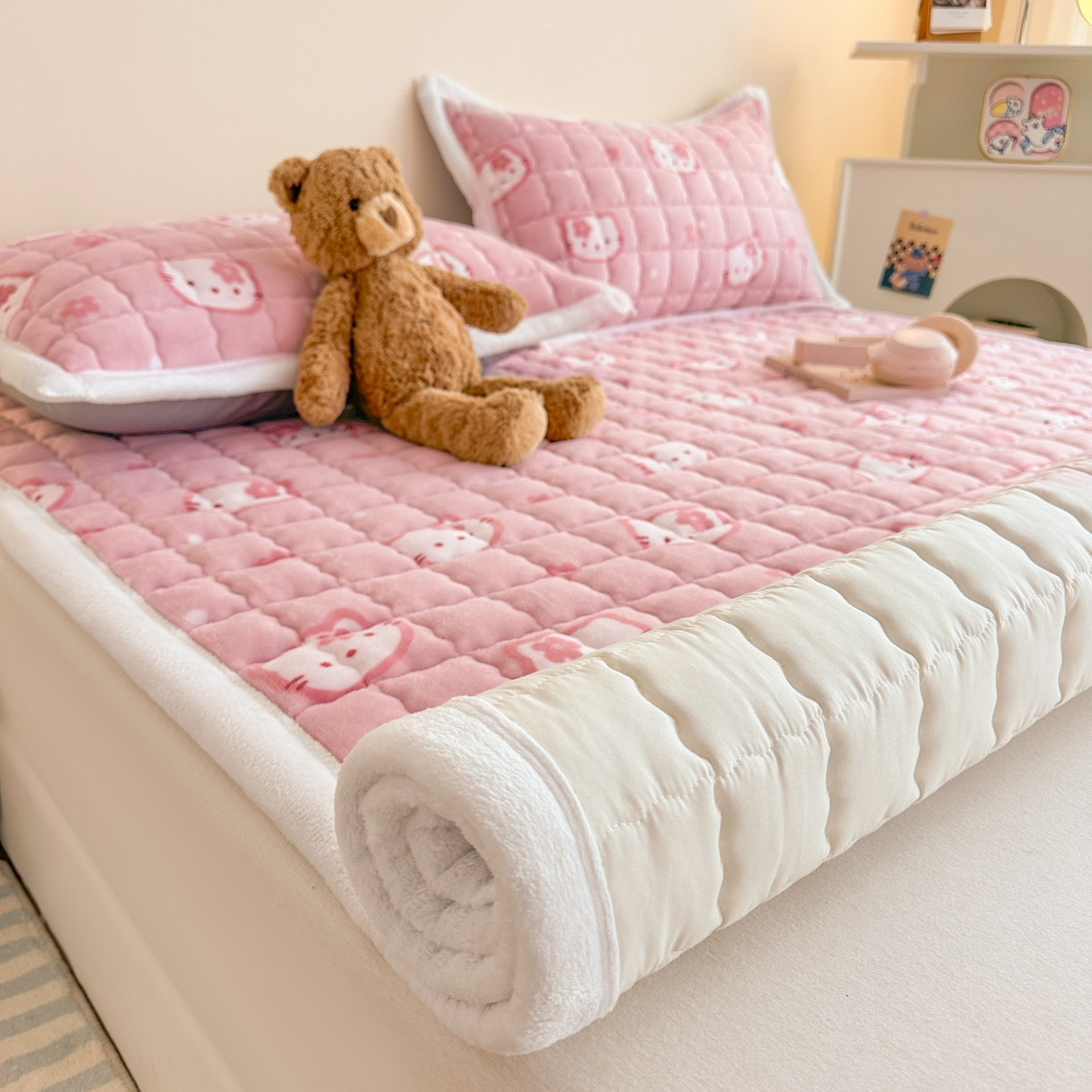 91家纺网 家纺一手货源 找家纺 川悦生活 2025新款A类印花牛奶绒床垫加厚绒保暖床床褥-大床图 床垫少女喵喵