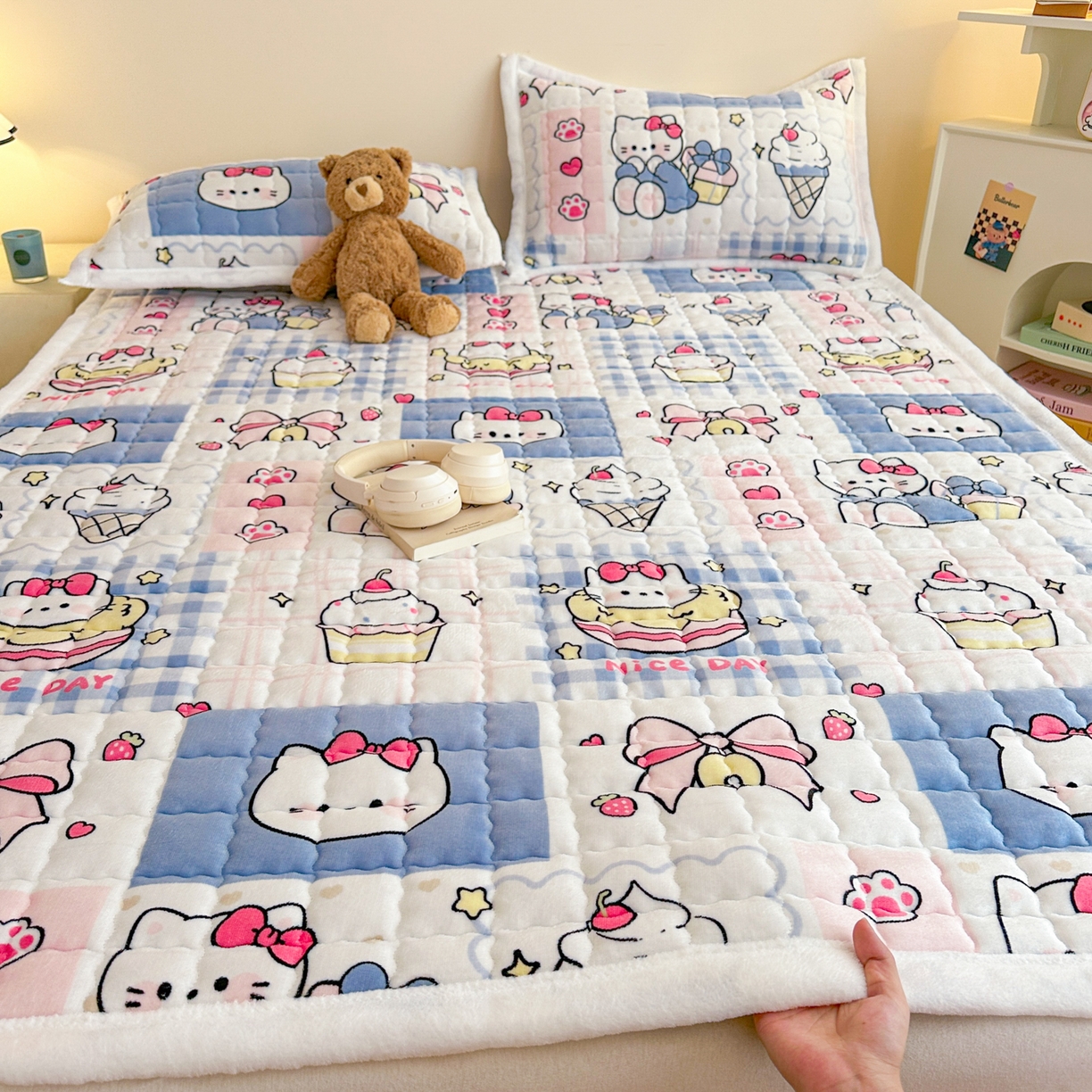 川悦生活 2025新款A类印花牛奶绒床垫加厚绒保暖床床褥-大床图 床垫甜茶小猫