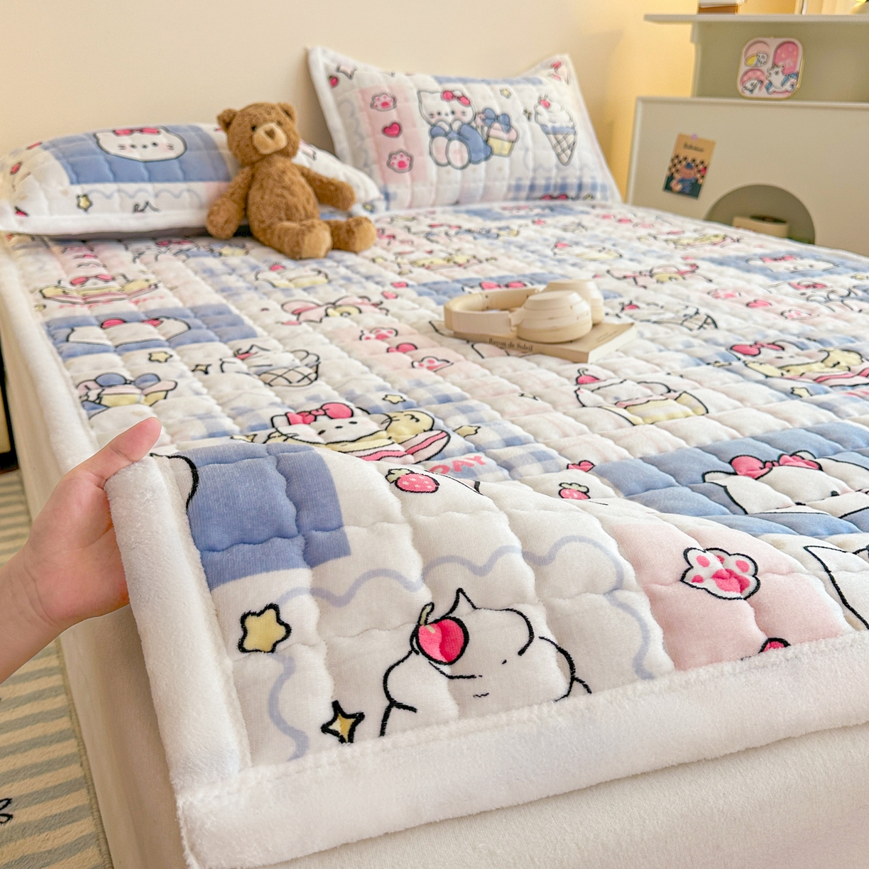 91家纺网 家纺一手货源 找家纺 川悦生活 2025新款A类印花牛奶绒床垫加厚绒保暖床床褥-大床图 床垫甜茶小猫