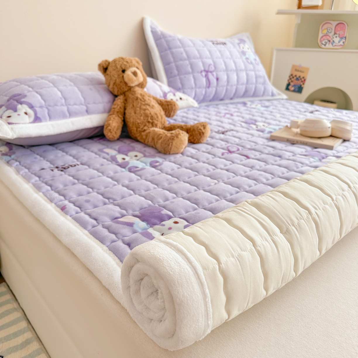 91家纺网 家纺一手货源 找家纺 川悦生活 2025新款A类印花牛奶绒床垫加厚绒保暖床床褥-大床图 床垫香芋奶茶