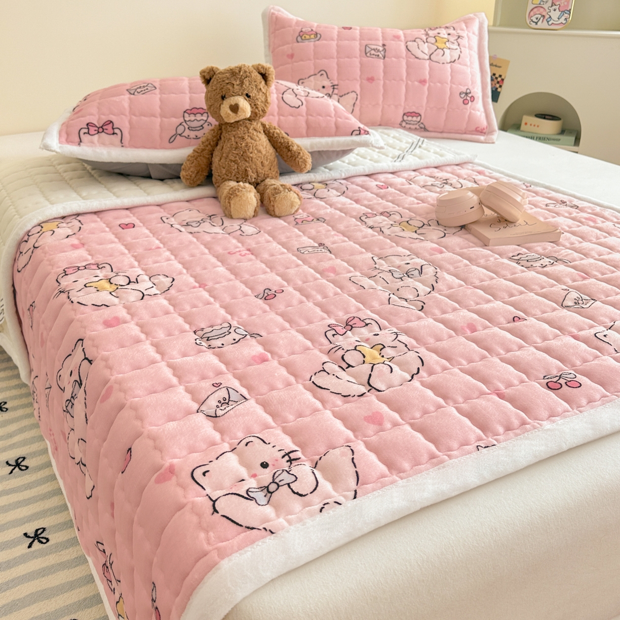 91家纺网 家纺一手货源 找家纺 川悦生活 2025新款A类印花牛奶绒床垫加厚绒保暖床床褥-大床图 床垫星心小猫