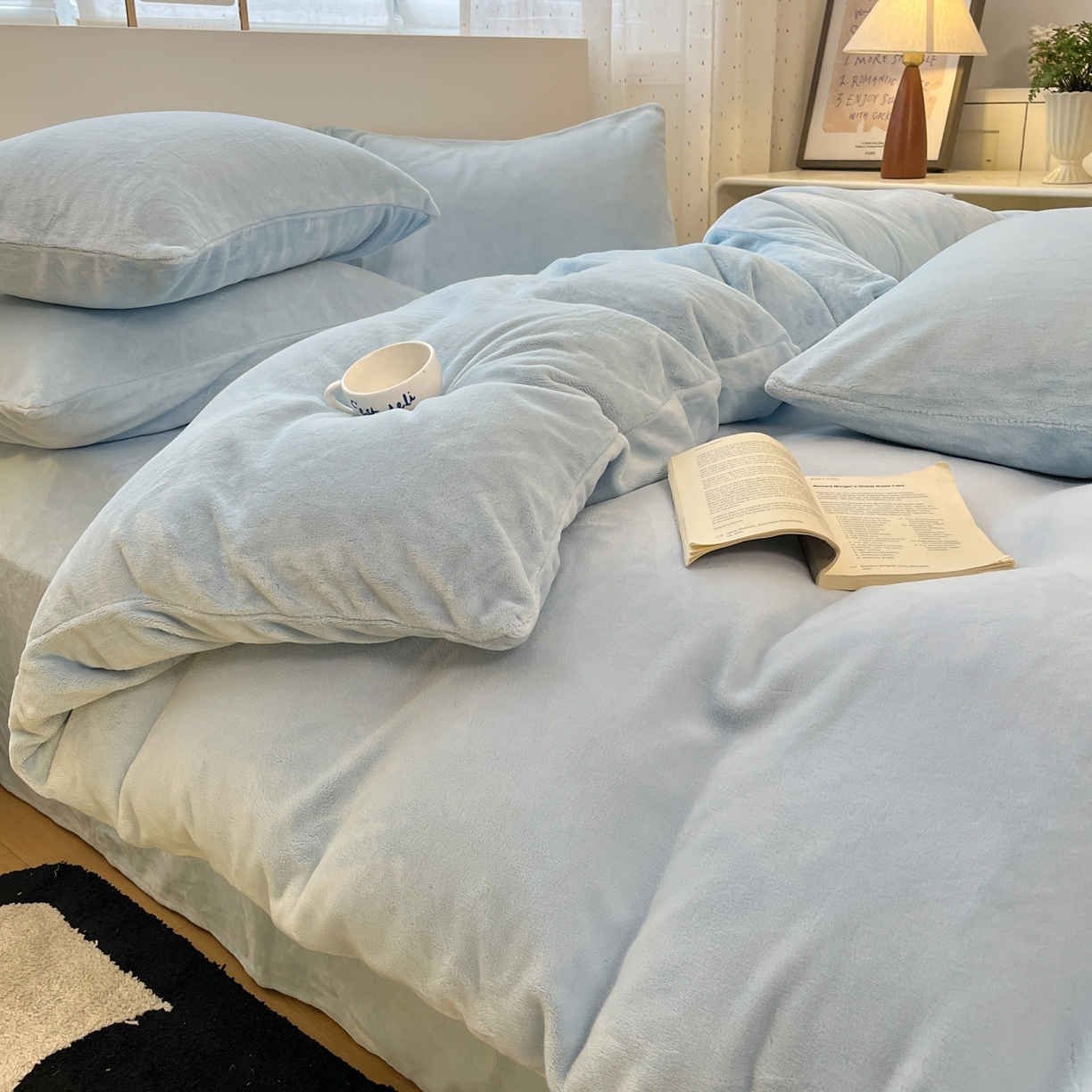 颜选 2025新款纯色190克牛奶绒四件套 纯蓝啵啵