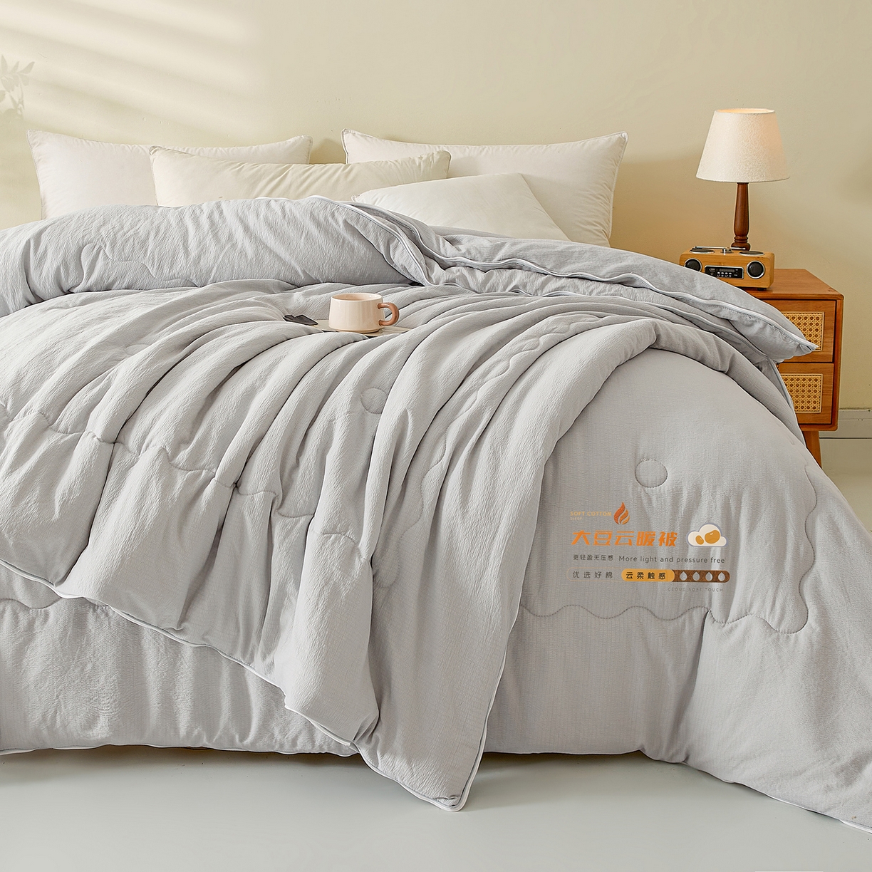 91家纺网 家纺一手货源 找家纺 （总）富艺隆 2025新款大豆云暖被二合一子母被提花水洗棉双层纱加厚冬被春秋被