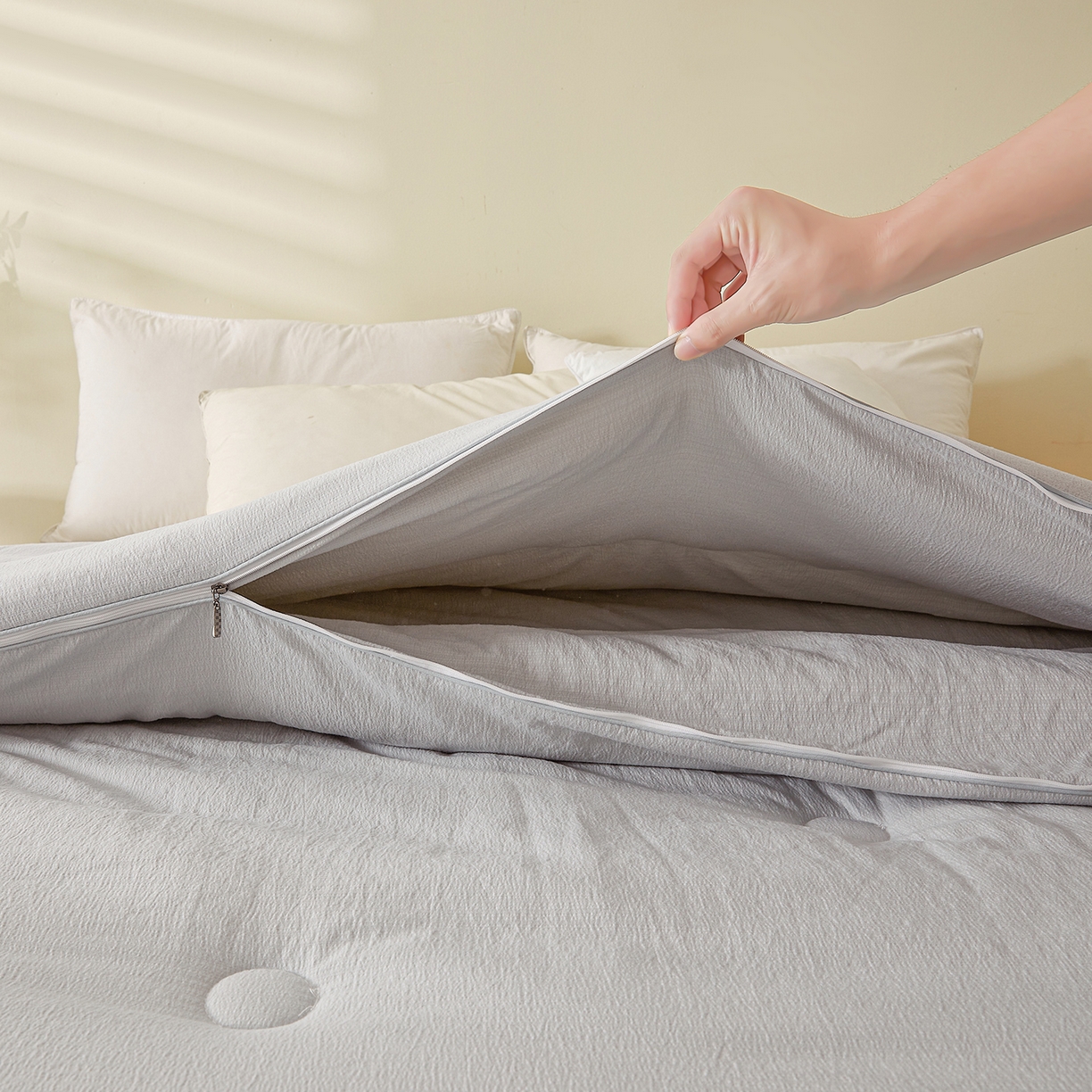 91家纺网 家纺一手货源 找家纺 （总）富艺隆 2025新款大豆云暖被二合一子母被提花水洗棉双层纱加厚冬被春秋被