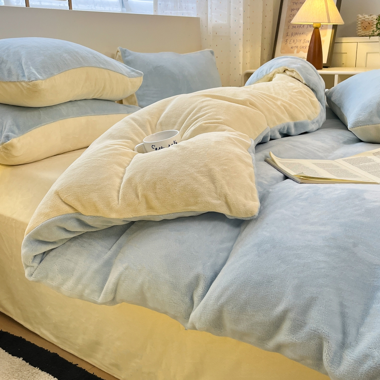 颜选 2025新款纯色190克牛奶绒四件套 奶油黄蓝