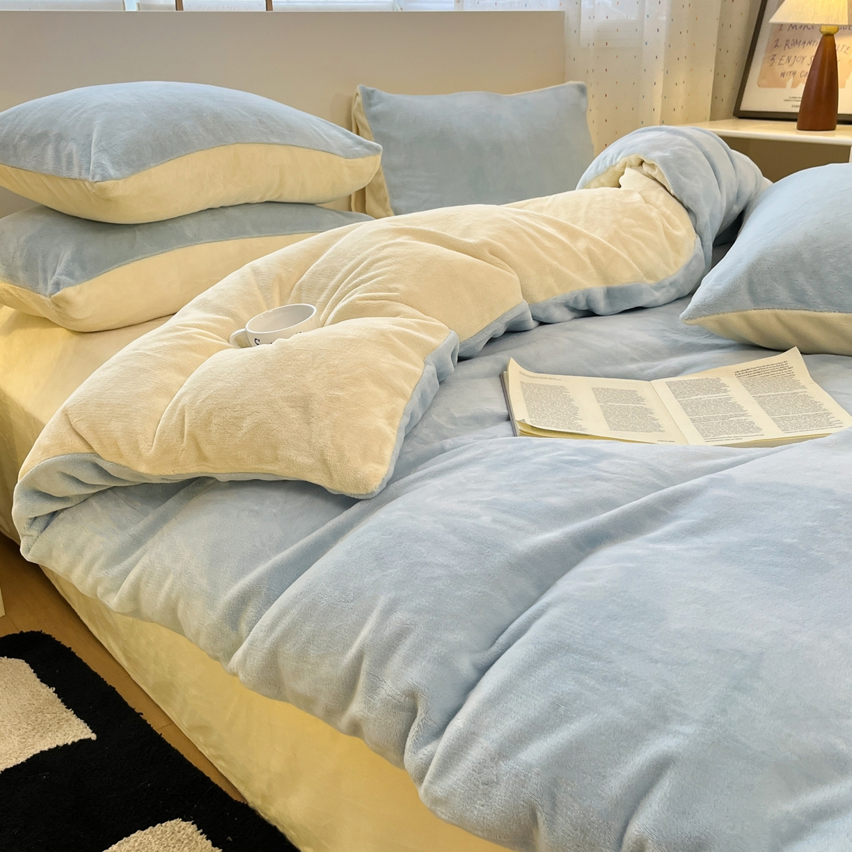 91家纺网 家纺一手货源 找家纺 颜选 2025新款纯色190克牛奶绒四件套 奶油黄蓝