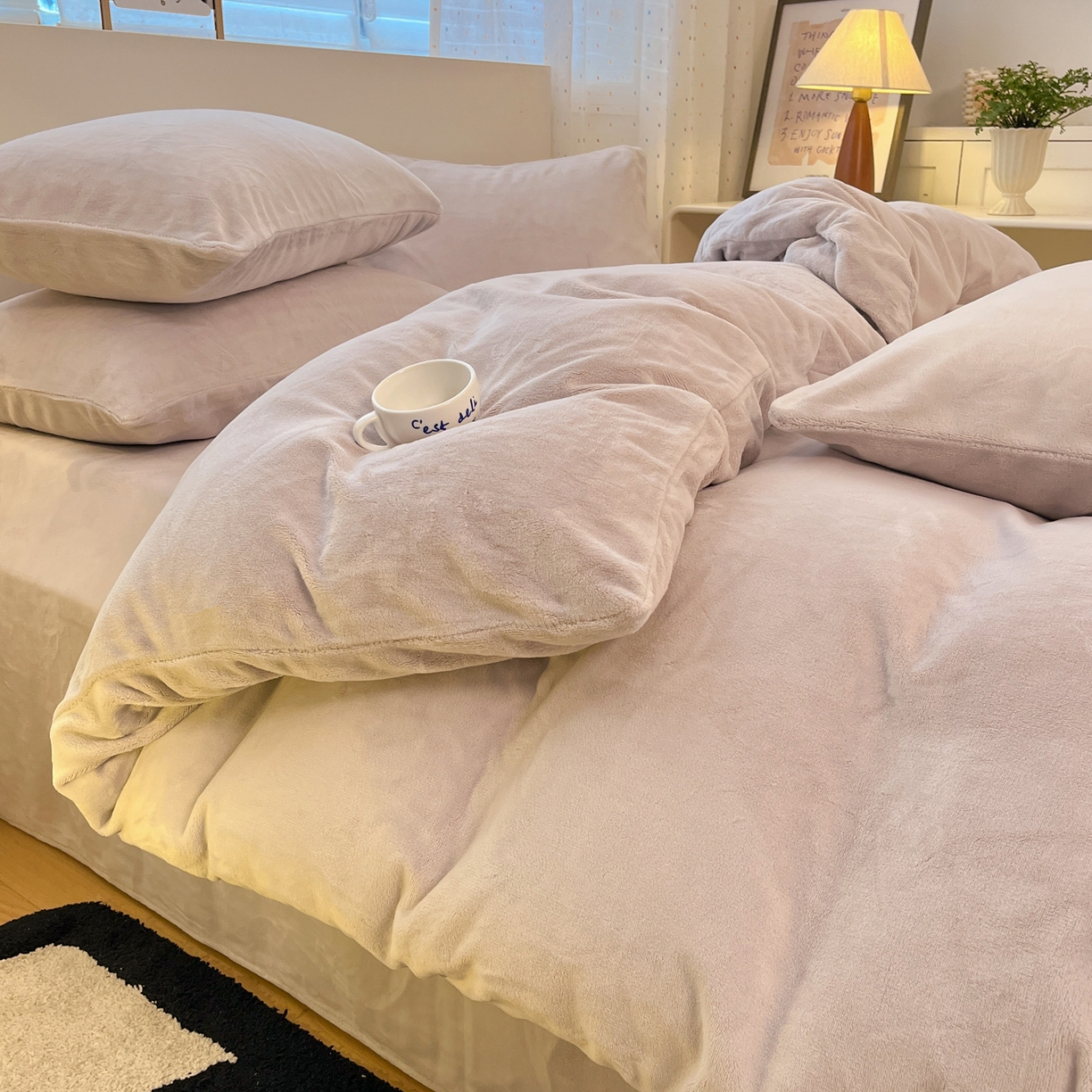 颜选 2025新款纯色190克牛奶绒四件套 奶油灰