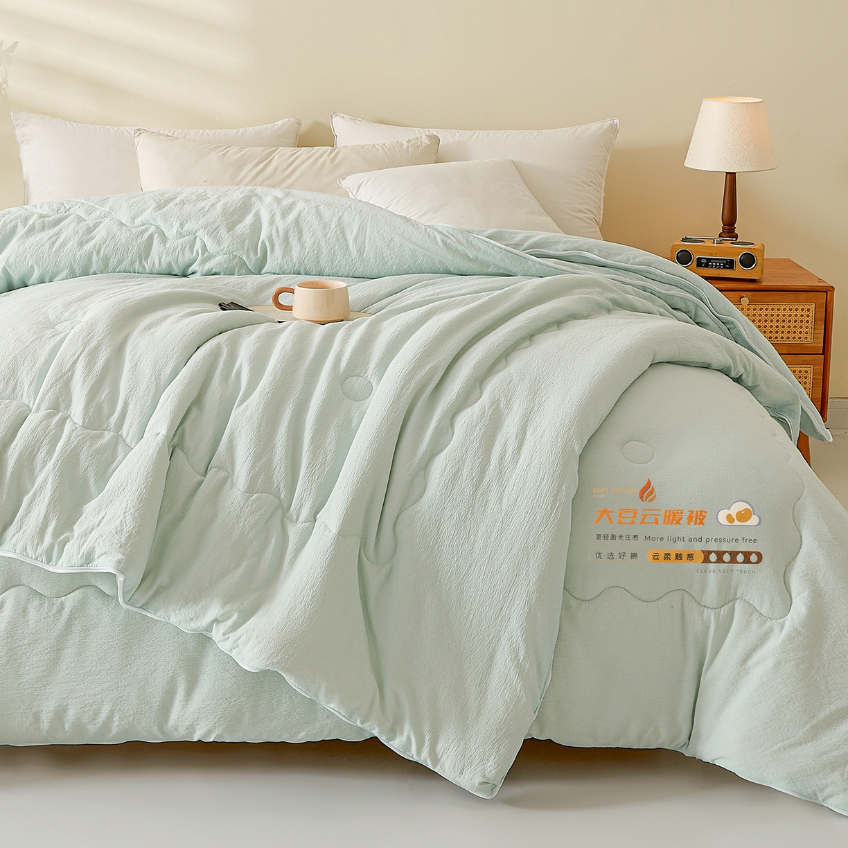 91家纺网 家纺一手货源 找家纺 富艺隆 2025新款大豆云暖被二合一子母被提花水洗棉双层纱加厚冬被春秋被 大豆云暖被 淡雅绿