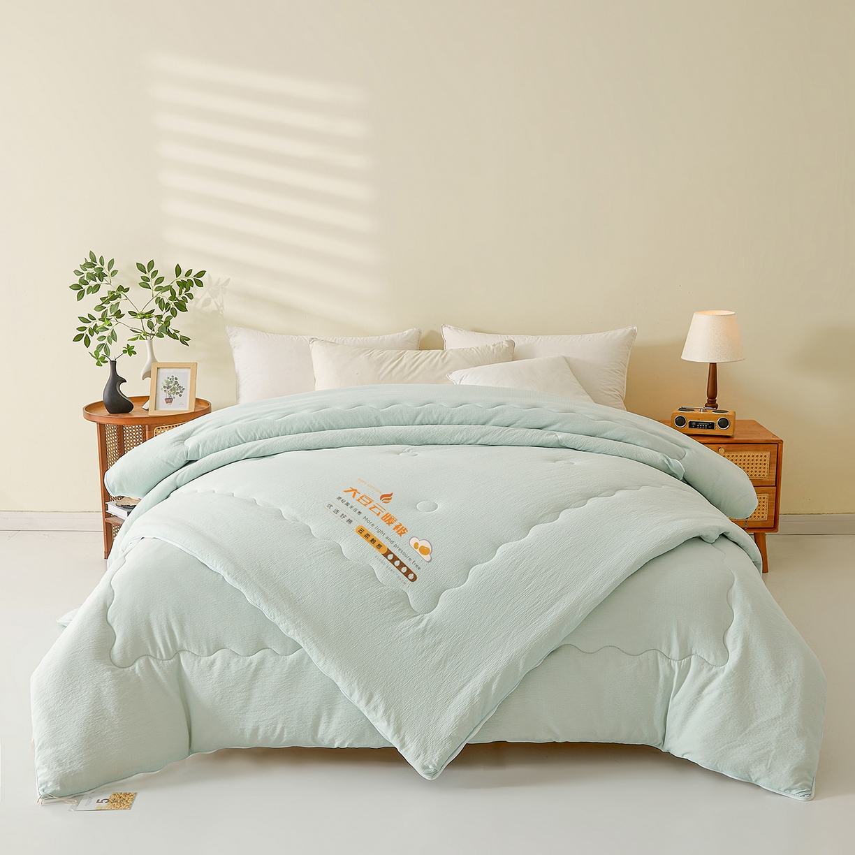 91家纺网 家纺一手货源 找家纺 富艺隆 2025新款大豆云暖被二合一子母被提花水洗棉双层纱加厚冬被春秋被 大豆云暖被 淡雅绿