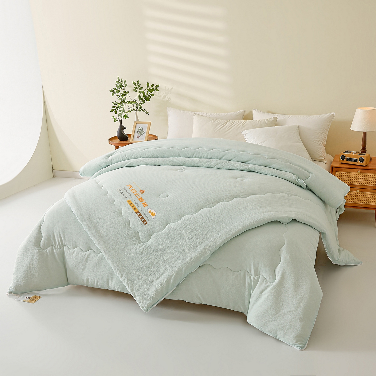 91家纺网 家纺一手货源 找家纺 富艺隆 2025新款大豆云暖被二合一子母被提花水洗棉双层纱加厚冬被春秋被 大豆云暖被 淡雅绿