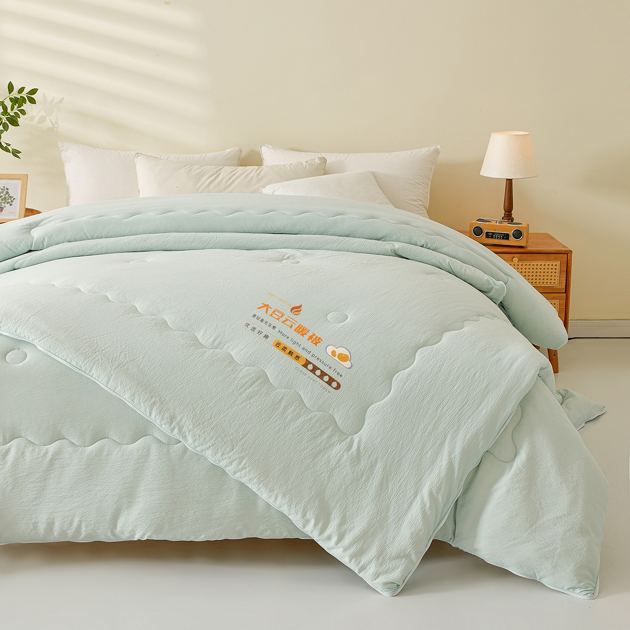 91家纺网 家纺一手货源 找家纺 富艺隆 2025新款大豆云暖被二合一子母被提花水洗棉双层纱加厚冬被春秋被 大豆云暖被 淡雅绿