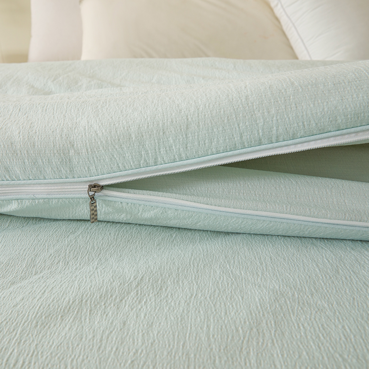 91家纺网 家纺一手货源 找家纺 富艺隆 2025新款大豆云暖被二合一子母被提花水洗棉双层纱加厚冬被春秋被 大豆云暖被 淡雅绿