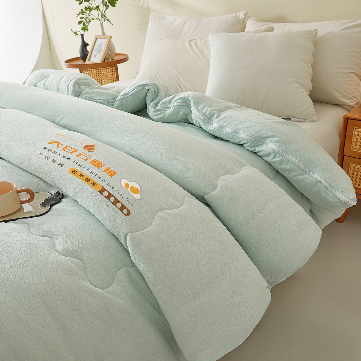 91家纺网 家纺一手货源 找家纺 富艺隆 2025新款大豆云暖被二合一子母被提花水洗棉双层纱加厚冬被春秋被 大豆云暖被 淡雅绿