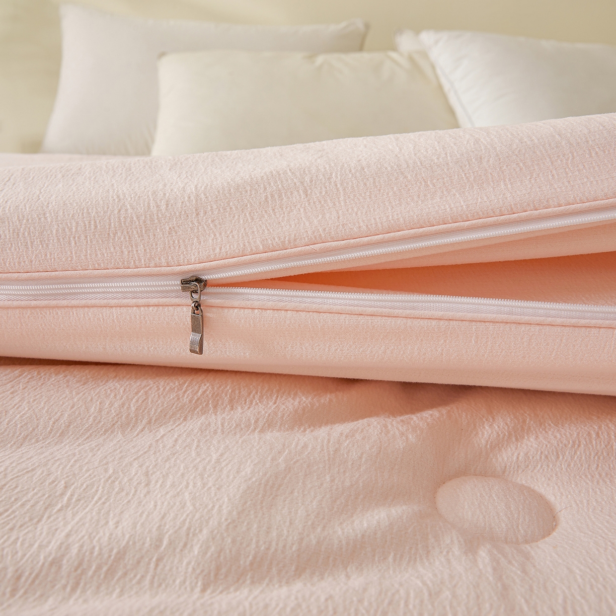 91家纺网 家纺一手货源 找家纺 富艺隆 2025新款大豆云暖被二合一子母被提花水洗棉双层纱加厚冬被春秋被 大豆云暖被 简兮粉