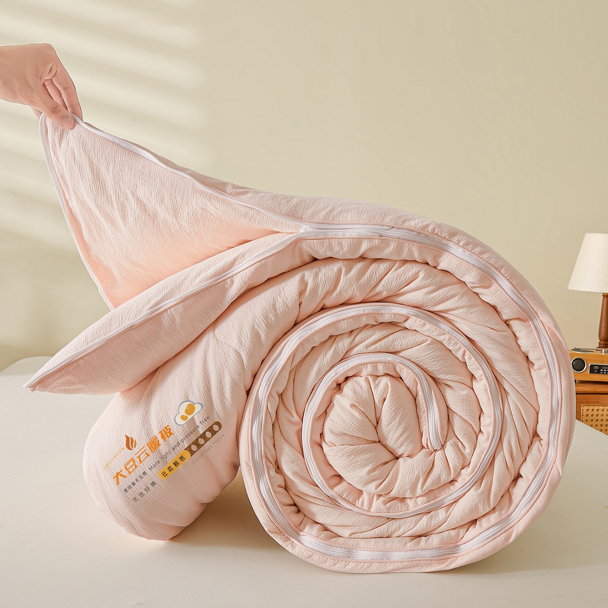 91家纺网 家纺一手货源 找家纺 富艺隆 2025新款大豆云暖被二合一子母被提花水洗棉双层纱加厚冬被春秋被 大豆云暖被 简兮粉