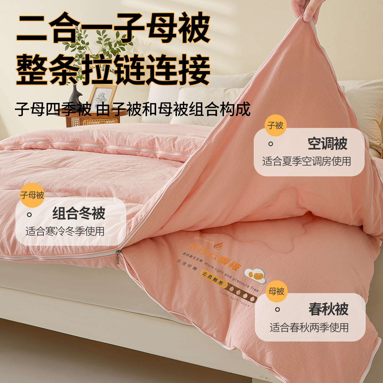 91家纺网 家纺一手货源 找家纺 富艺隆 2025新款大豆云暖被二合一子母被提花水洗棉双层纱加厚冬被春秋被 大豆云暖被 心悦粉