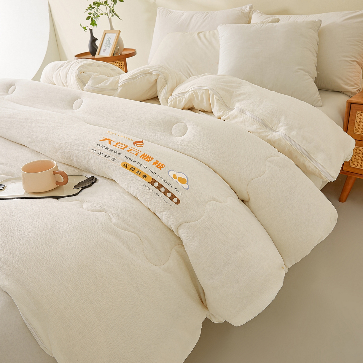 91家纺网 家纺一手货源 找家纺 富艺隆 2025新款大豆云暖被二合一子母被提花水洗棉双层纱加厚冬被春秋被 大豆云暖被 云朵白