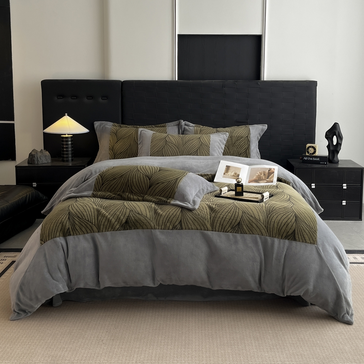 91家纺网 家纺一手货源 找家纺 羚羊语家纺 2025新款轻奢风雪貂绒牛奶绒四件套大拼角工艺貂毛绒升级款兔毛绒现代简约轻奢风三件套-左岸河畔 雪貂绒-尘光集