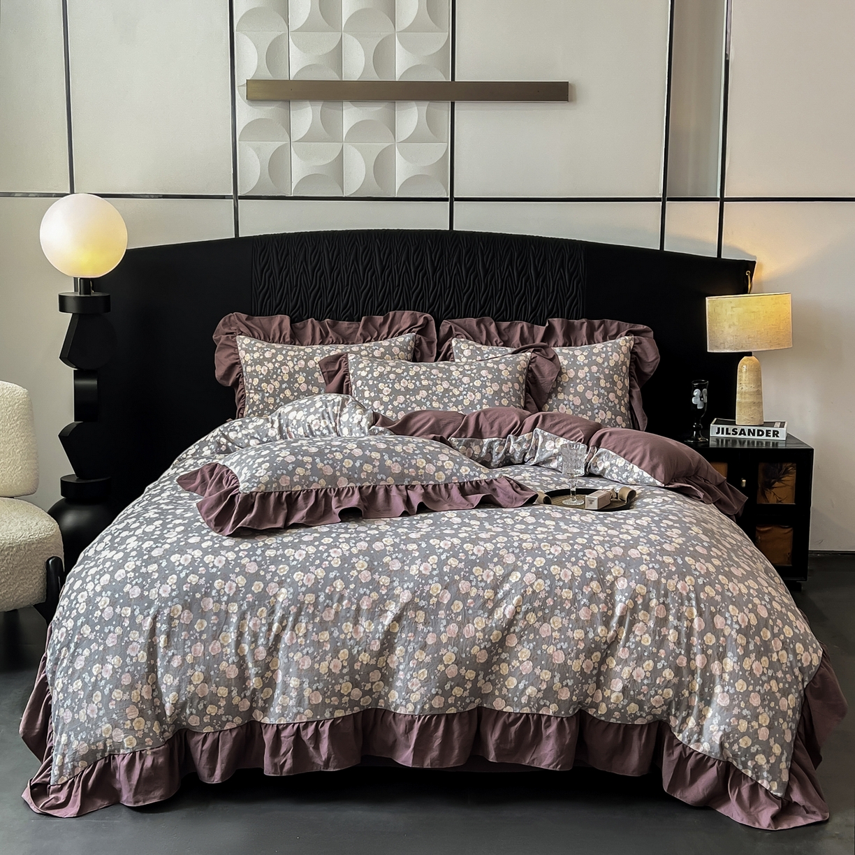 豫见家纺 2025新款云感棉花边四件套 花盏灰