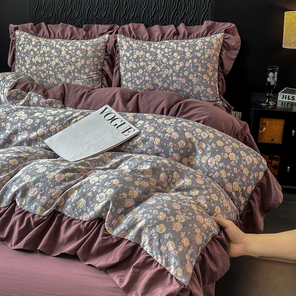 91家纺网 家纺一手货源 找家纺 豫见家纺 2025新款云感棉花边四件套 花盏灰