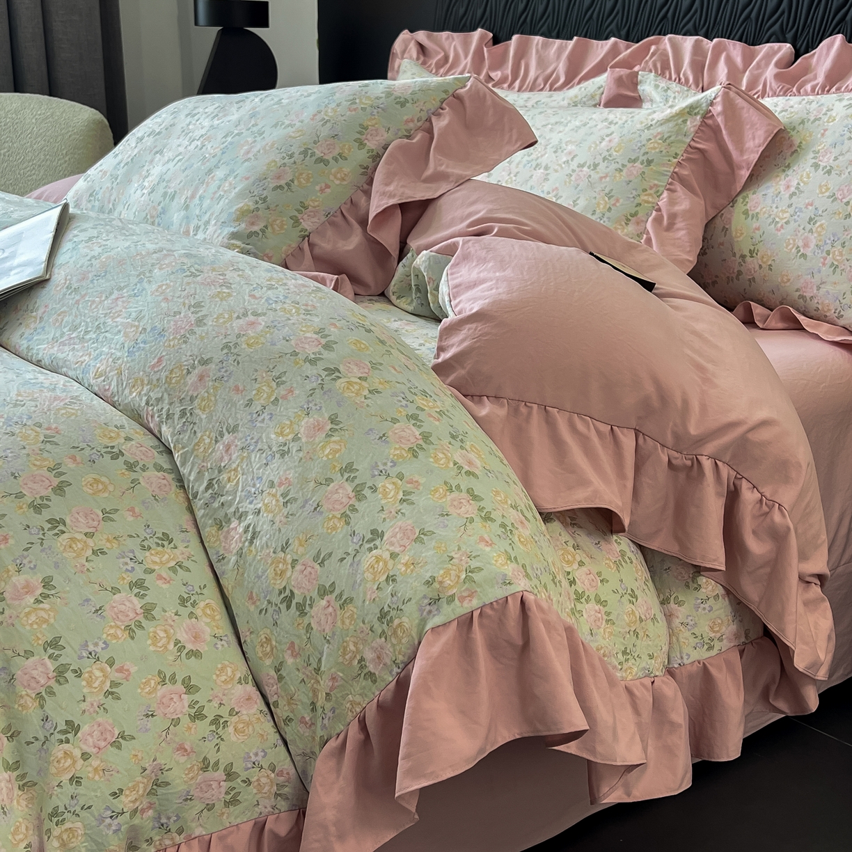 91家纺网 家纺一手货源 找家纺 豫见家纺 2025新款云感棉花边四件套 花盏绿