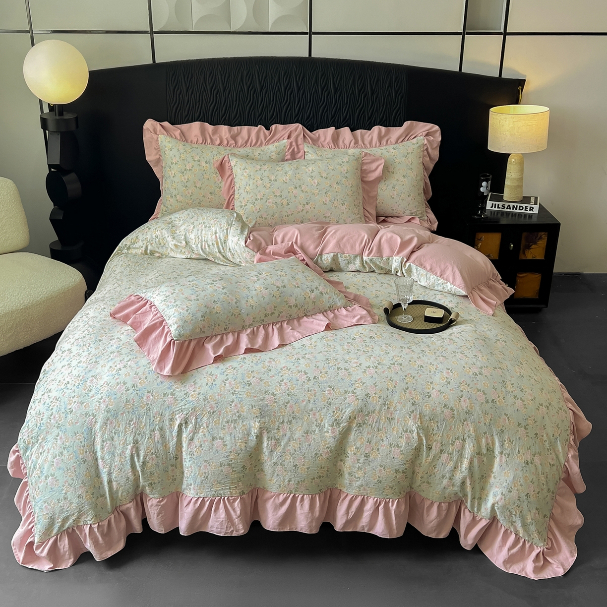 91家纺网 家纺一手货源 找家纺 豫见家纺 2025新款云感棉花边四件套 花盏绿