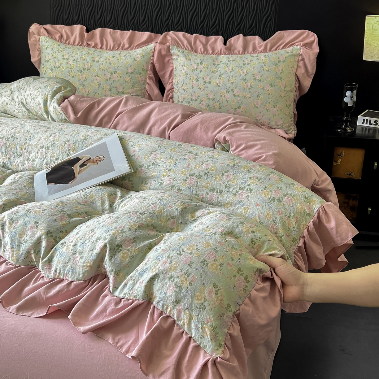 91家纺网 家纺一手货源 找家纺 豫见家纺 2025新款云感棉花边四件套 花盏绿