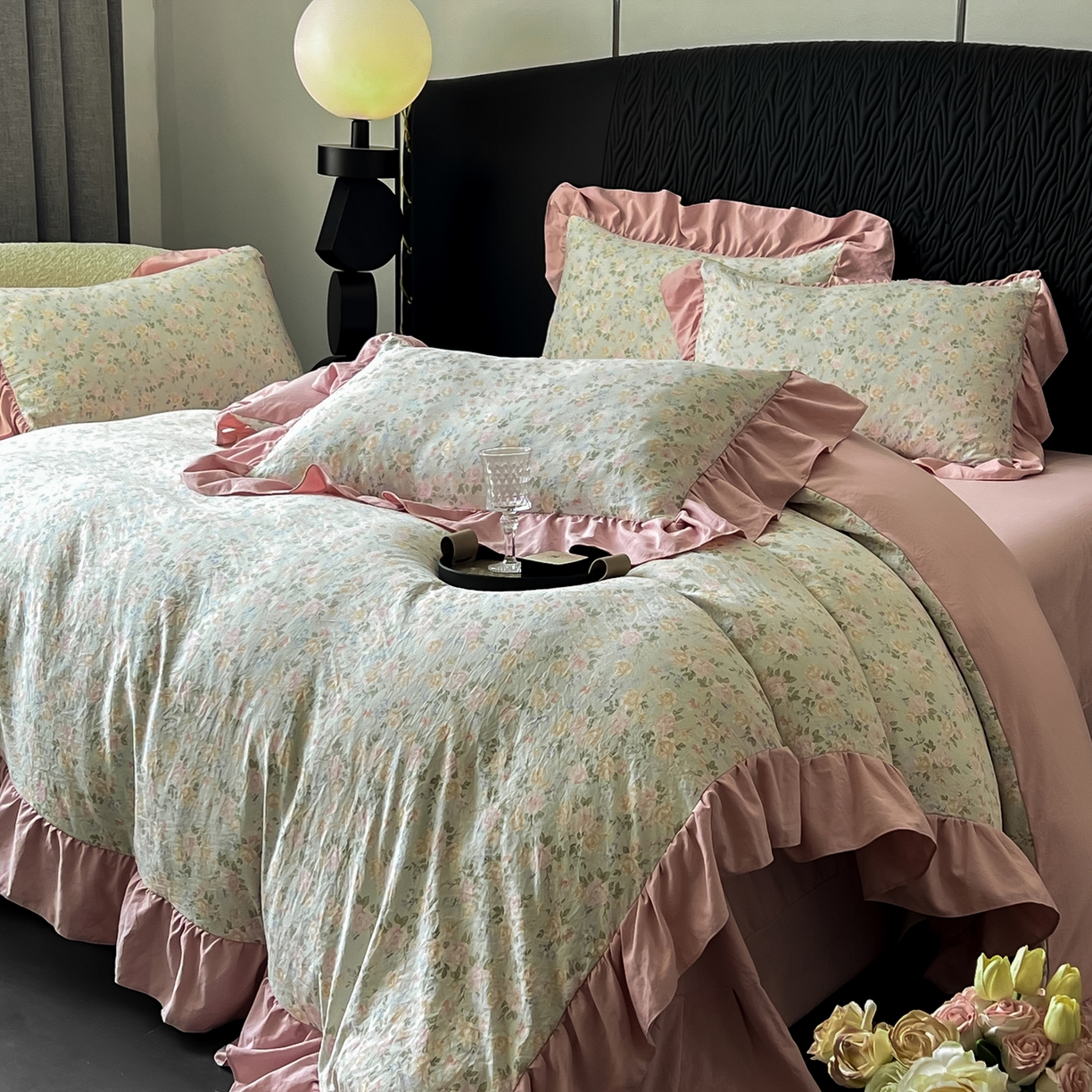 91家纺网 家纺一手货源 找家纺 豫见家纺 2025新款云感棉花边四件套 花盏绿