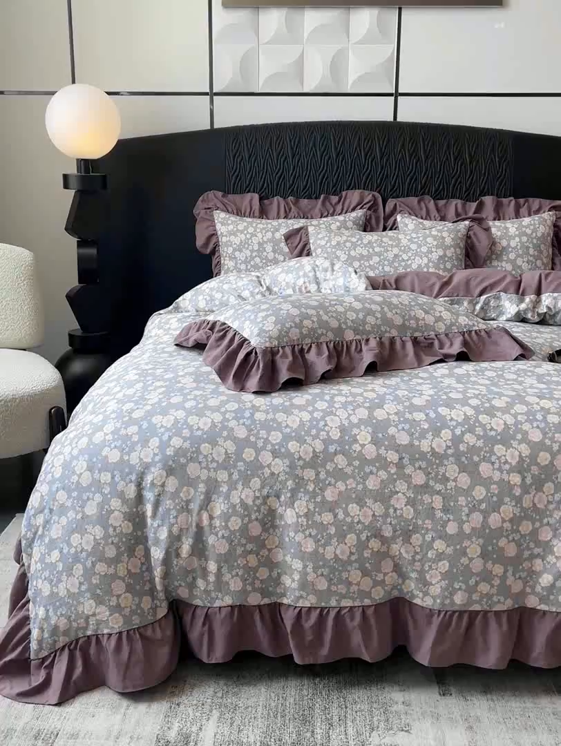 91家纺网 家纺一手货源 找家纺 豫见家纺 2025新款云感棉花边四件套 花盏灰