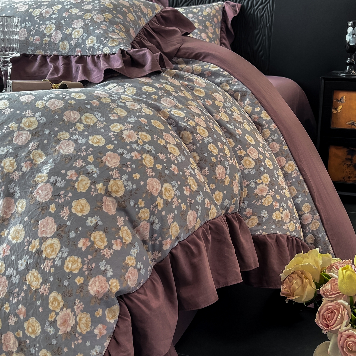 91家纺网 家纺一手货源 找家纺 豫见家纺 2025新款云感棉花边四件套 花盏灰