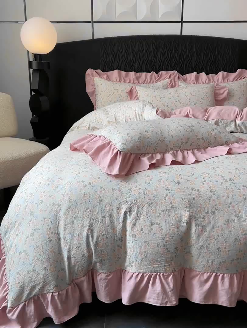 91家纺网 家纺一手货源 找家纺 豫见家纺 2025新款云感棉花边四件套 花盏绿