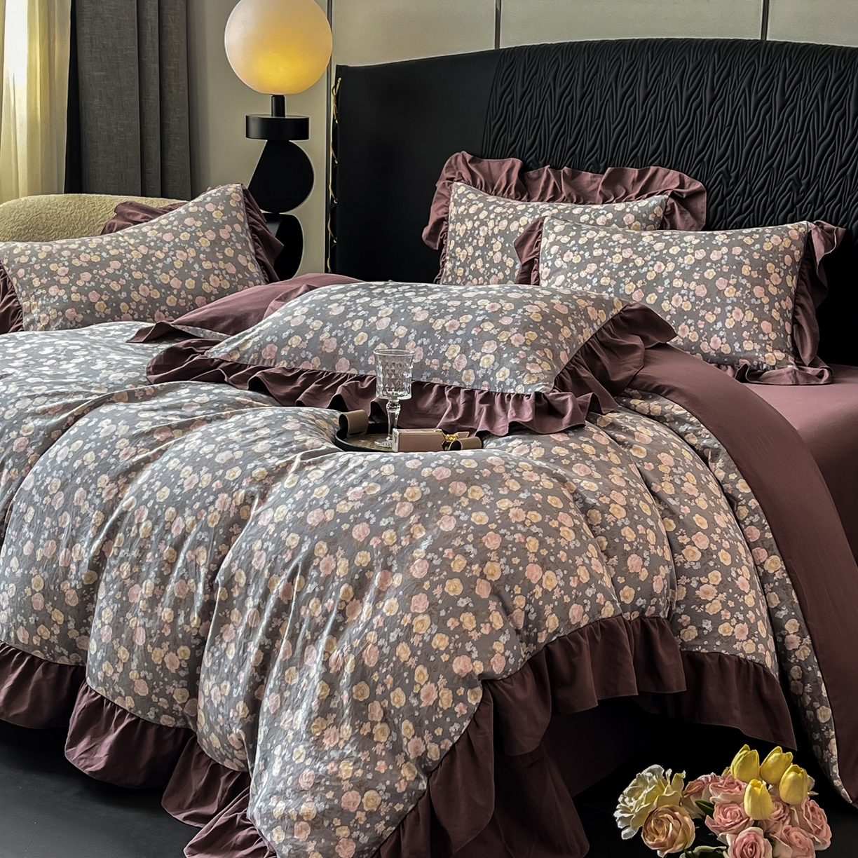 91家纺网 家纺一手货源 找家纺 豫见家纺 2025新款云感棉花边四件套 花盏灰