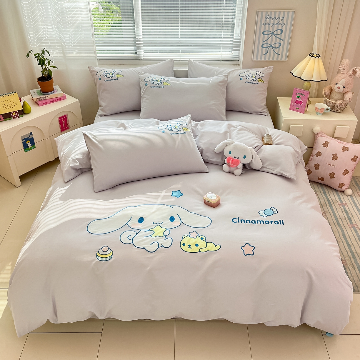 91家纺网 家纺一手货源 找家纺 蓝邻家纺 2025年新款全棉纯棉云柔棉三丽鸥刺绣四件套系列 星愿大耳狗