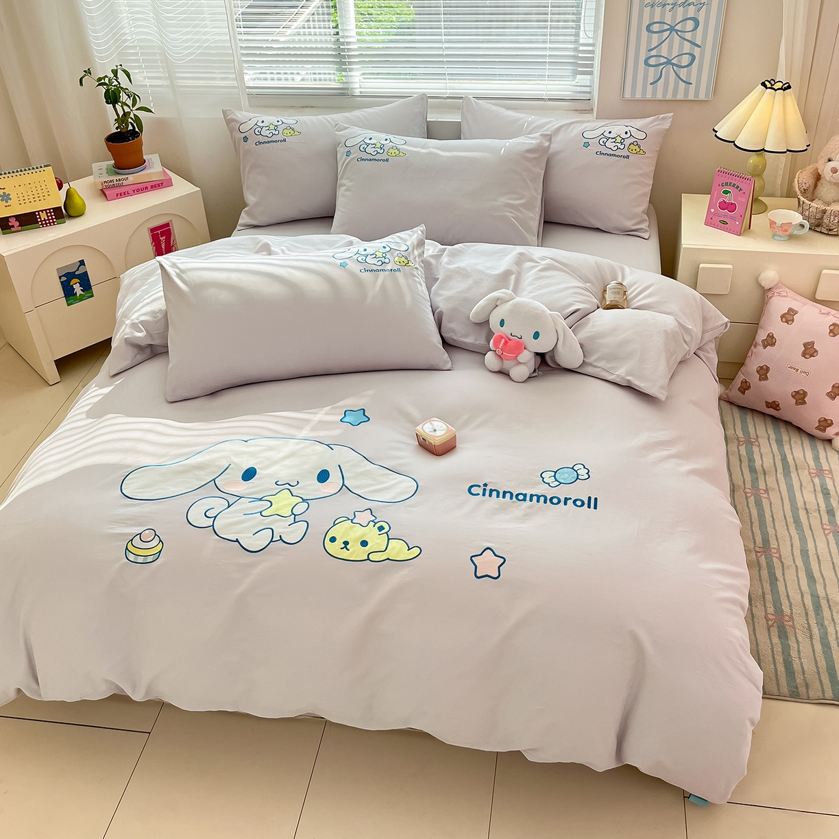 91家纺网 家纺一手货源 找家纺 蓝邻家纺 2025年新款全棉纯棉云柔棉三丽鸥刺绣四件套系列 星愿大耳狗