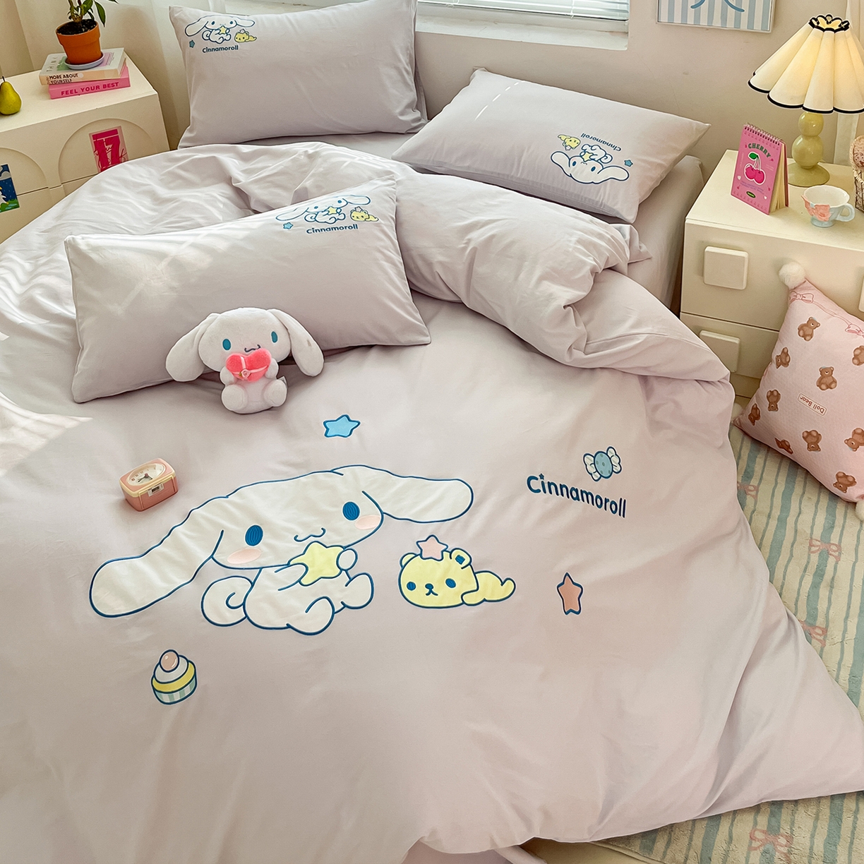 91家纺网 家纺一手货源 找家纺 蓝邻家纺 2025年新款全棉纯棉云柔棉三丽鸥刺绣四件套系列 星愿大耳狗